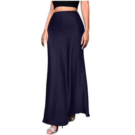 Womens Skirts Solid Color Satin A-Line Skirt with Hidden Zipper Elegant Midi Skirt Dark Blue S