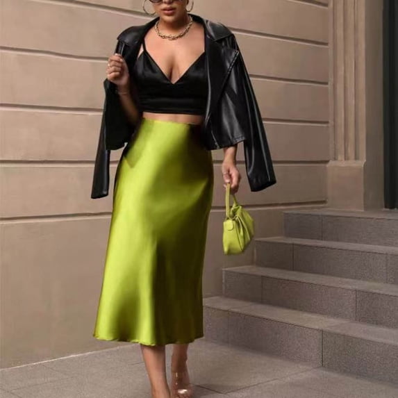 Womens Skirts Solid Color Satin High Waist Mid Length Slim Skirt Streetwear