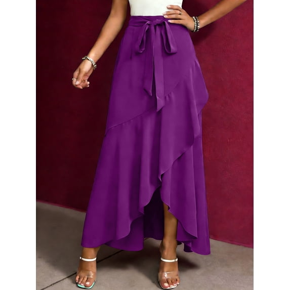 Womens Skirts Spring Summer Tie Waist Ruffle Skirt Silk Elegant High Waist Cocktail Party Wedding Flowy High-Low Hem Formal Skirt