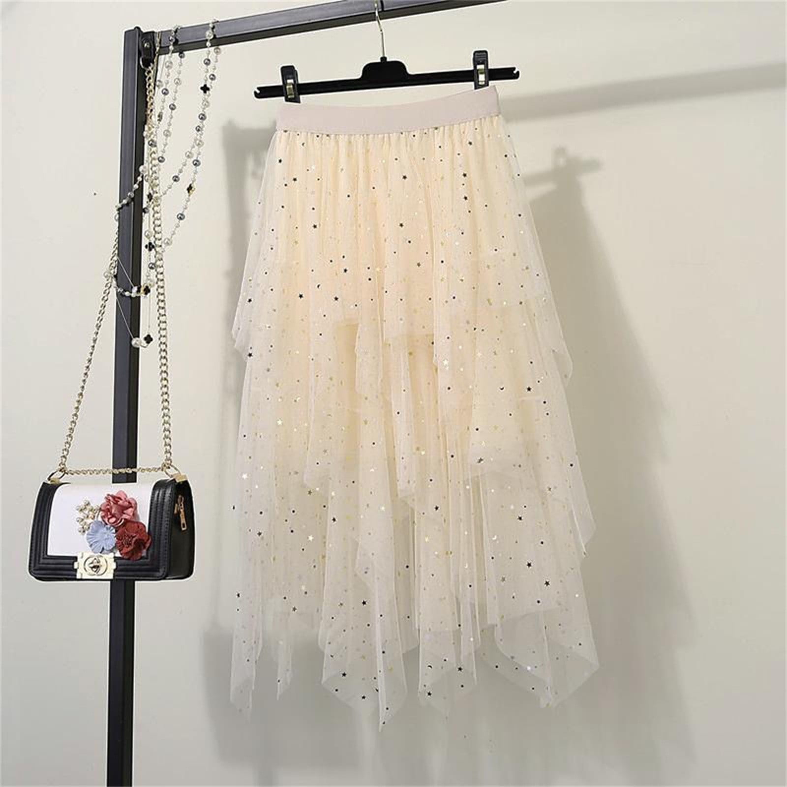CHICWISH Women's Floral Mesh Tulle Midi Skirt - Double Layered, Elastic Waist, Dusty Pink, A-Line Style