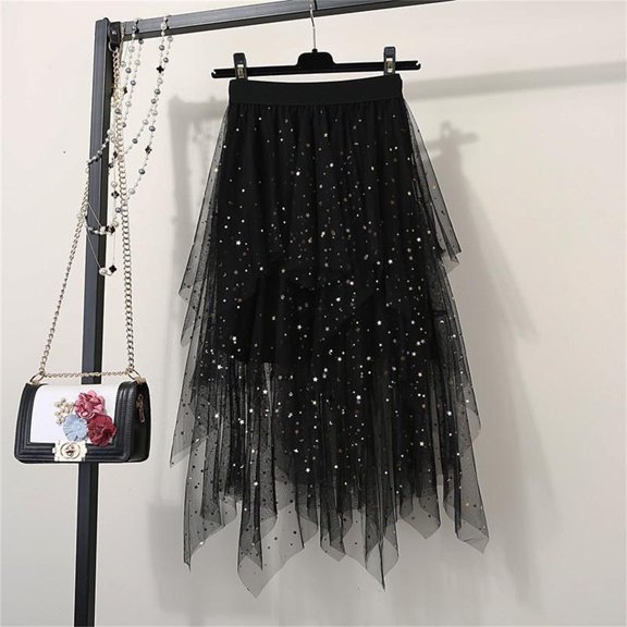 Womens Skirts Star Sequin Mesh Solid Color Layered Elastic Waist A Line Tulle Tutu Sparkly Daily-Wear