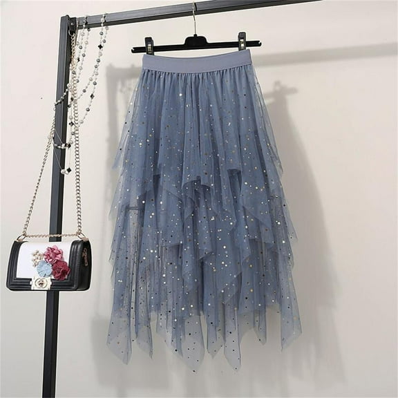 Womens Skirts Star Sequin Mesh Solid Color Layered Elastic Waist A Line Tulle Tutu Sparkly Streetwear
