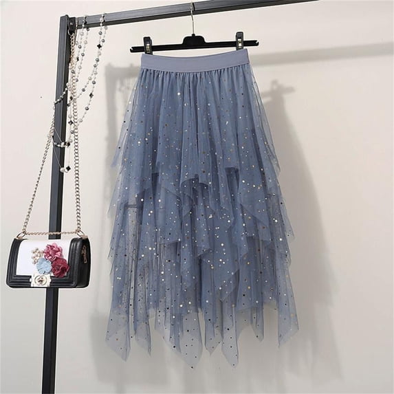 Womens Skirts Star Sequin Mesh Solid Color Layered Elastic Waist A Line Tulle Tutu Sparkly Streetwear