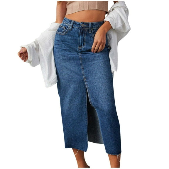 Womens Skirts Summer New Fashion A-Line Split Denim Skirt for Women Leisure High Waist Midi Skirts Comfortable Bodycon Going out Skirts Dark Blue L