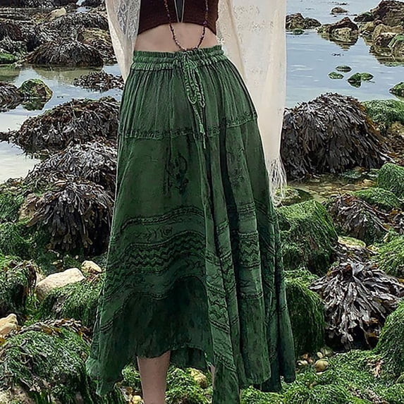 Womens Skirts Summer Elastic Waist Maxi Boho A Line Flowy Long With Pockets Outwear