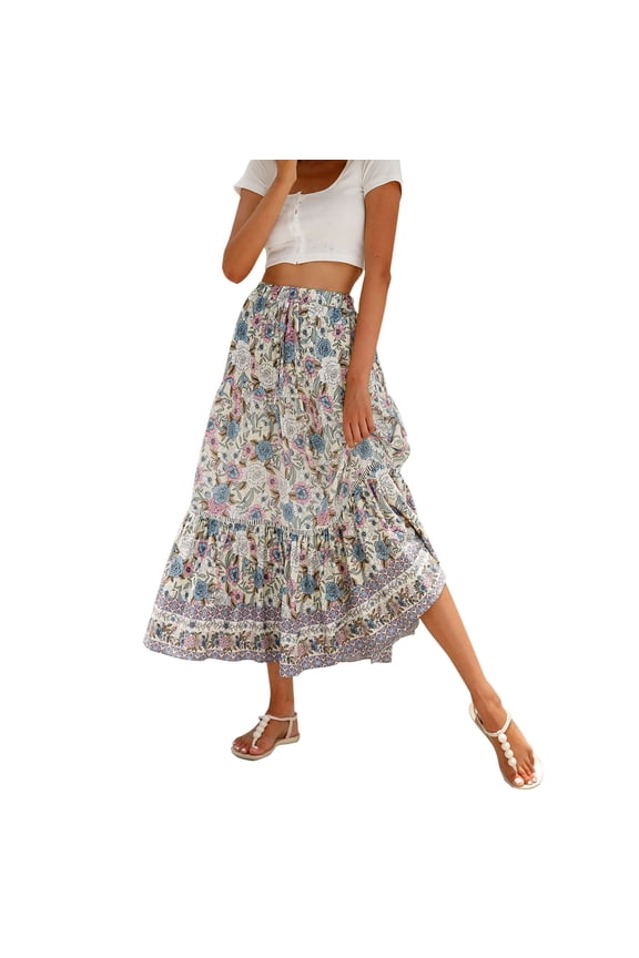 Womens Skirts Summer Midi Casual Solid Color Soft Flowy Swing Pleated Beach Long Skirt with Pockets
