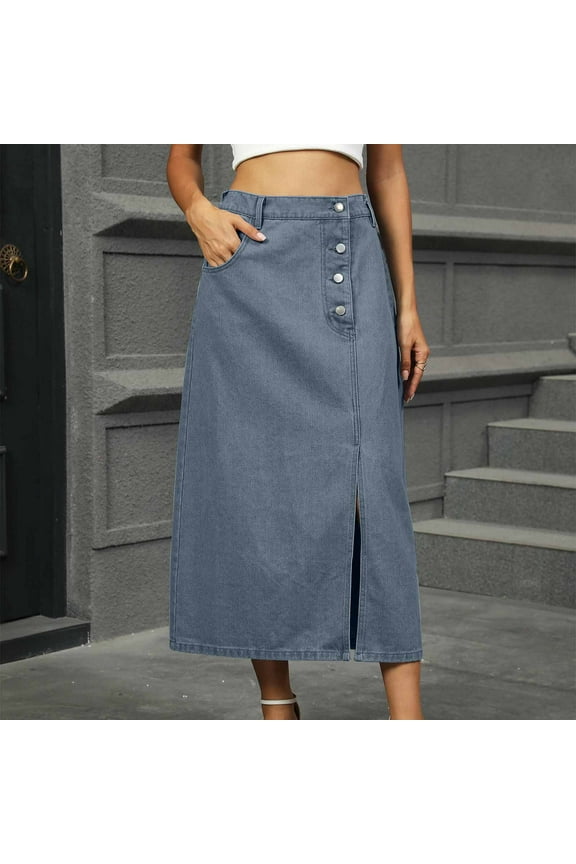 Womens Skirts Summer Solid Color Button-Front Slit Skirt with Pockets Light Blue S