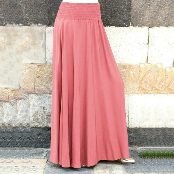 Womens Skirts Summer Solid Color Pleated Elastic Waist Vintage A Line Loose Fashion Maxi Skirt Streetwear