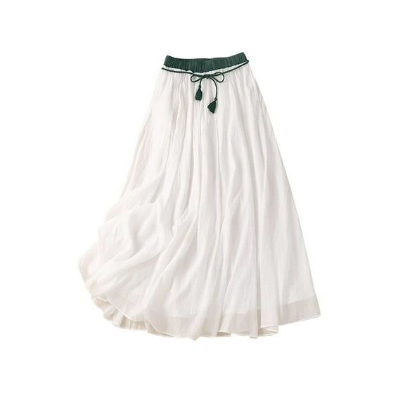 Wo-Fusoul Women's Summer Vintage Double-Layer Solid Color Skirt with Elastic Waist, Casual Wear