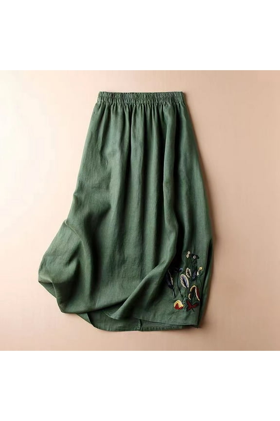 Womens Skirts Vintage Floral Embroidered Cotton Linen Summer A Line Midi Versatile Flared Skirt Outwear