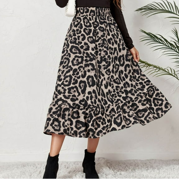 Womens Skirts, Women's Fashion Mid Long Leopard Sexy Print High Waist A-line Skirt Skirt Clearance under 10 $