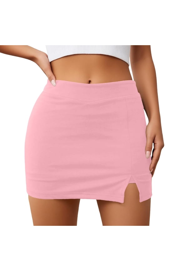 Womens Skort High Waist Side Slit Skirt with Built in Shorts Solid Stretchy Bodycon Pencil Casual Pink M