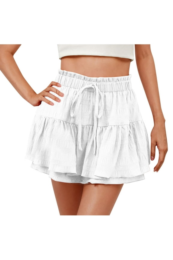 Womens Skorts Ruffled High Waist Drawstring Shorts Boho Flowy Shorts Summer Flared Mini Skirts for Beach Vacation