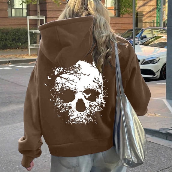 Womens Skull Bird Graphic Hoodie Long Sleeve Drawstring Pullover Sweatshirt with Pocket for Gothic Winter Streetwear Casual Sweatshirts