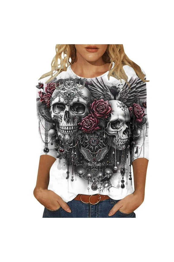 Womens Skull Graphic Shirt 3/4 Sleeve Halloween Tops Casual Spooky Print Blouse for Halloween Party