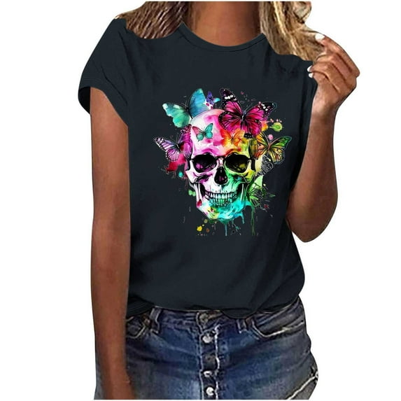 Womens Skull Graphic T Shirts Cotton Short Sleeve Crew Neck Tees Tops Loose Casual Halloween T-Shirts