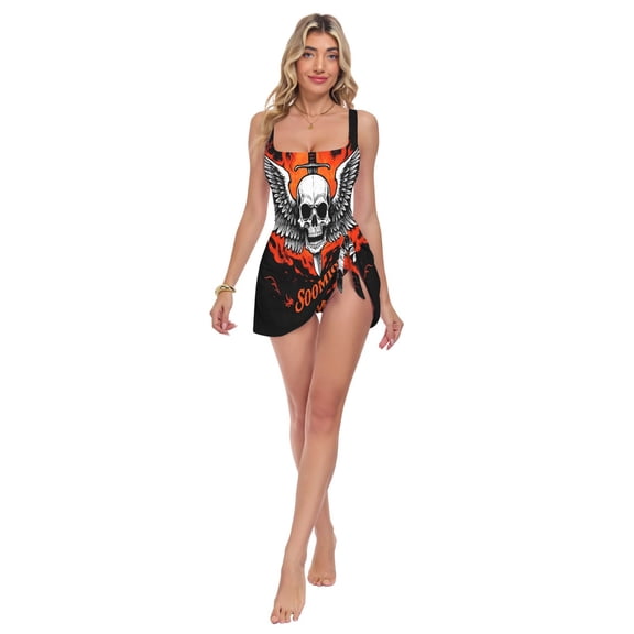 Womens Skull with Wings and Sword Print 2-in-1 Swim Dress Detachable Skirt One-Piece Swimsuit Square Neck S-XXL