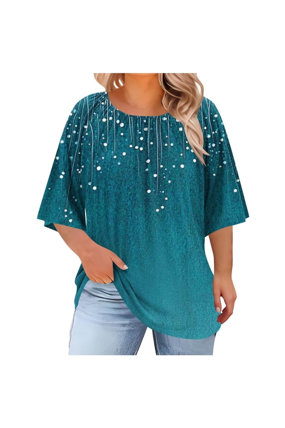Womens Sky Blue Casual Top - Dolman Sleeve Loose Fit Tunic with White Dot Print, Soft Stretchy Polyester Spandex,Size 2XL