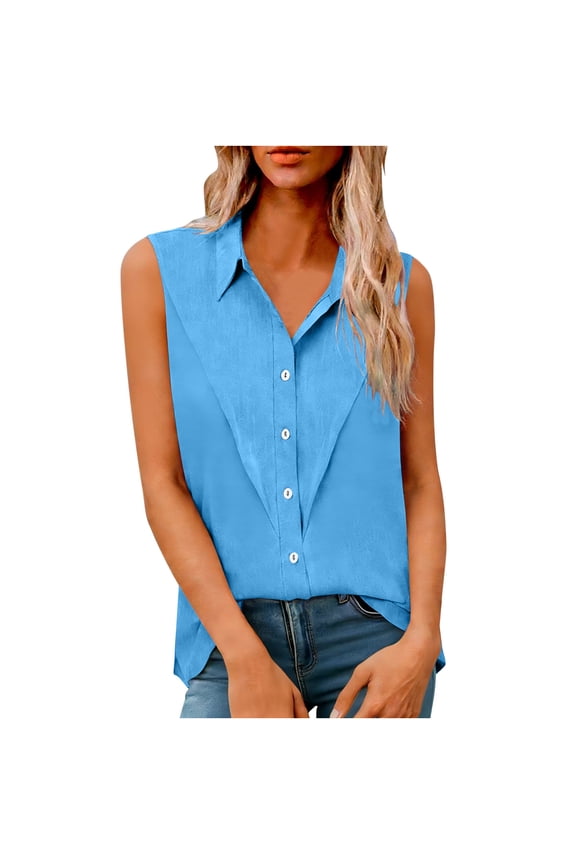Womens Sky Blue Sleeveless Blouse - Shell Top for Work, Wrinkle Free Polyester Button Down Shirt, Relaxed Fit Tunic Office & Casual Top for Women,Size 3XL