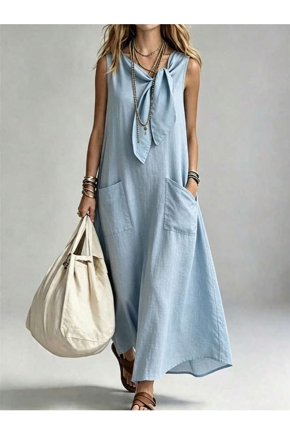 Womens Sky Blue Solid Color Pocket Twist Sleeveless Maxi Dress