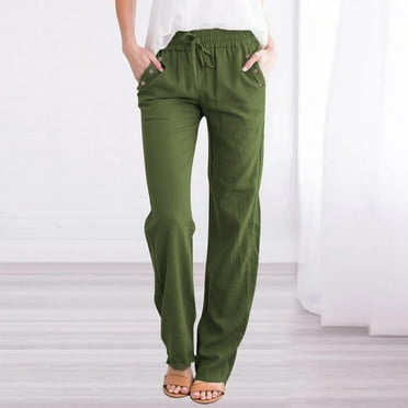 Womens Slacks │ Ladies Pants, Wide Leg Pants, Linen Pants for Women, Womens Cotton Linen Casual Pants Straight Leg Drawstring Elastic High Waist Loose Comfy Trousers with Pockets, Army Green, 3XL