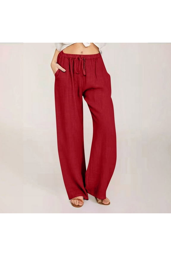 Womens Slacks Women's Relaxed Fit Straight Leg Pants Solid Cotton Linen Drawstring Elastic Waist Long Wide Leg Pants Work Cargo Casual Pants Wide Leg Pants Relaxed Fit Trousers