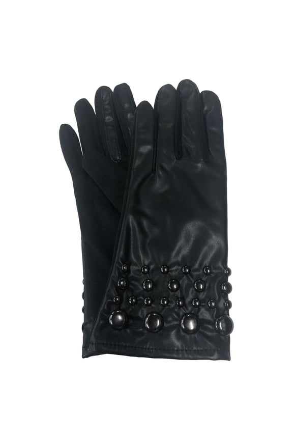 Womens Sleek Black Leather Look Studded Stretch Fit Gloves