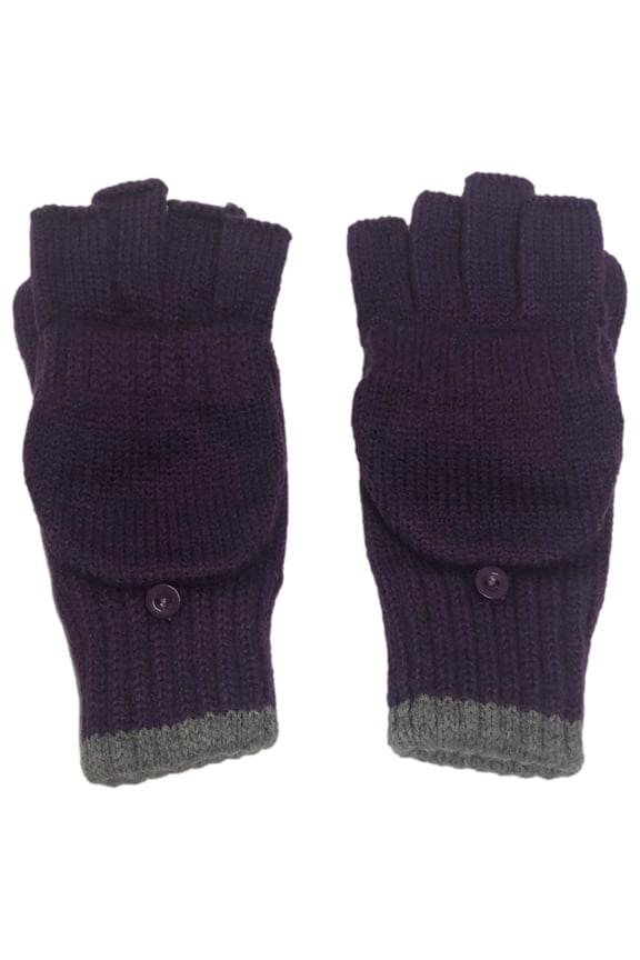 Womens Sleek Purple & Gray Knit Fingerless Convertible Gloves with Mitten Tops