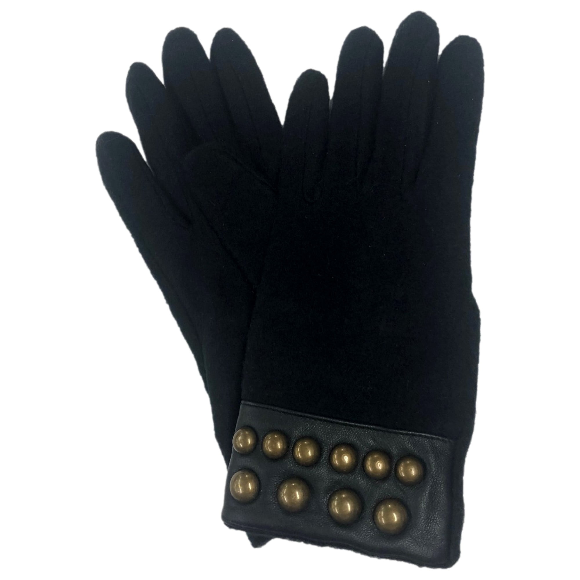 Womens Sleek Soft Black Gold Round Studded Leather Trim Gloves
