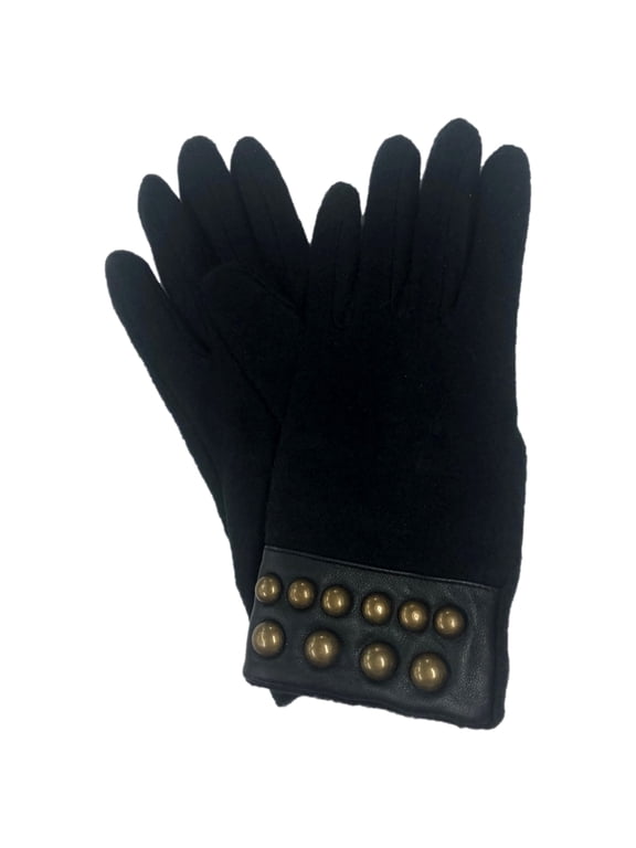 Womens Sleek Soft Black & Gold Round Studded Leather Trim Gloves