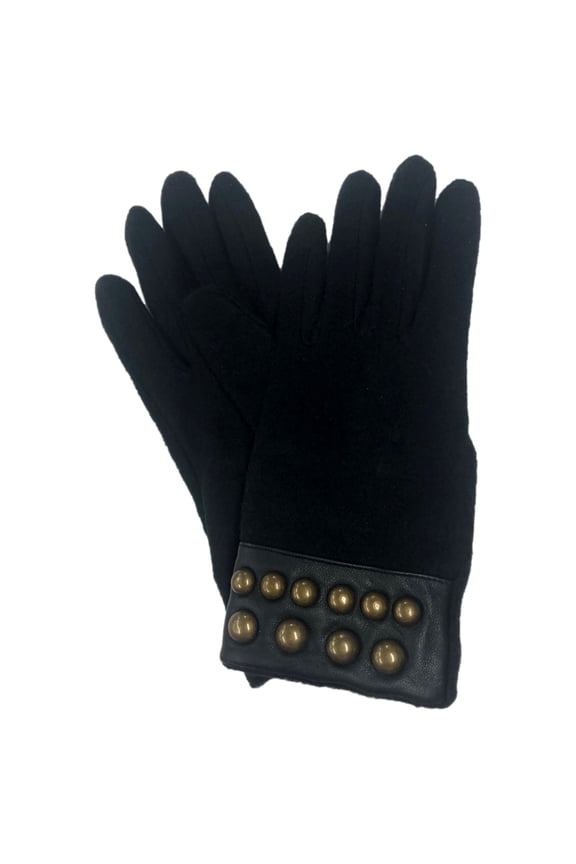 Womens Sleek Soft Black & Gold Round Studded Leather Trim Gloves