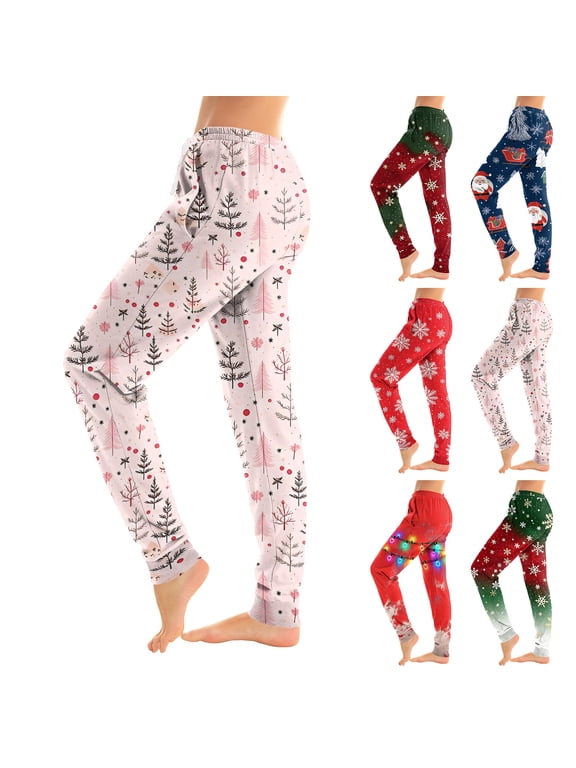 Womens Sleep Pants Lightweight Loungewear Christmas Print Pajama Pants with Pockets Drawstring Jogger Bottoms