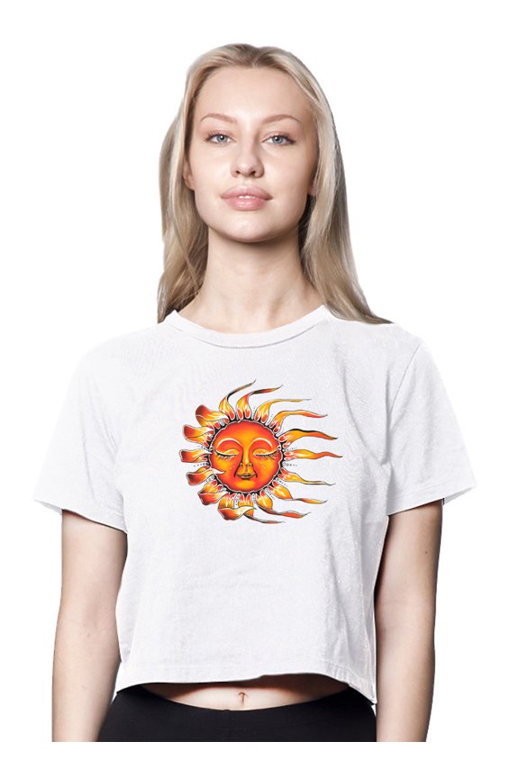 Womens Sleeping Sun American-Made Cute Cropped Yoga Tee Shirt, Extra Small White