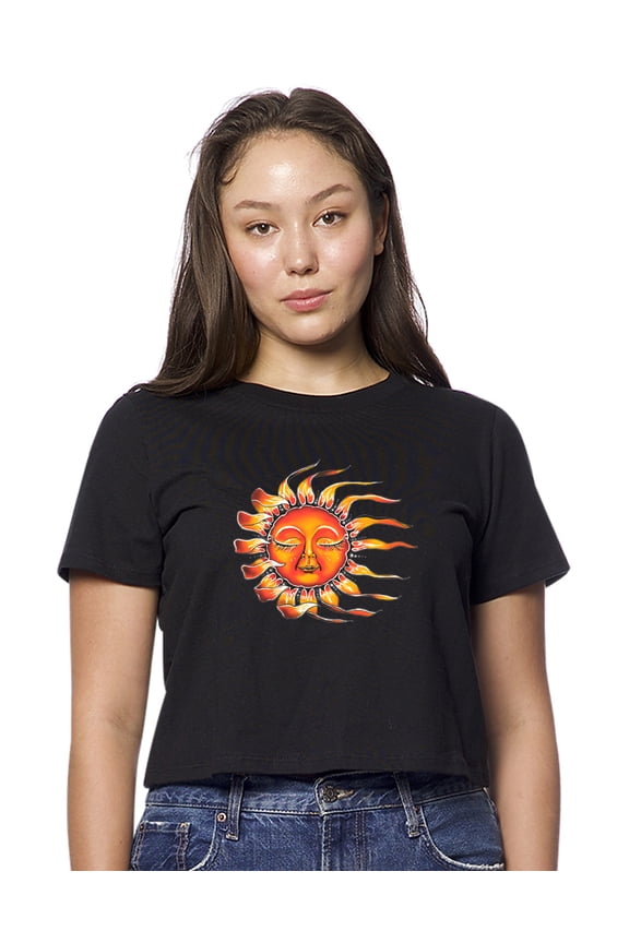 Womens Sleeping Sun American-Made Cute Cropped Yoga Tee Shirt, Large Black