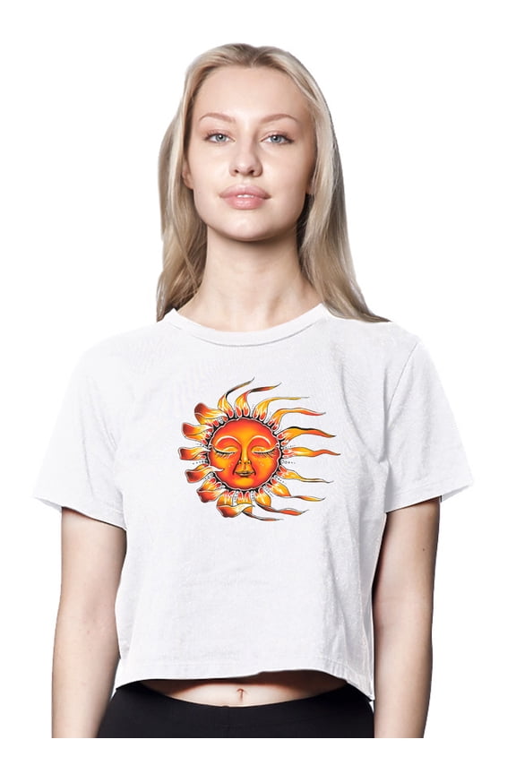 Womens Sleeping Sun American-Made Cute Cropped Yoga Tee Shirt, Small White