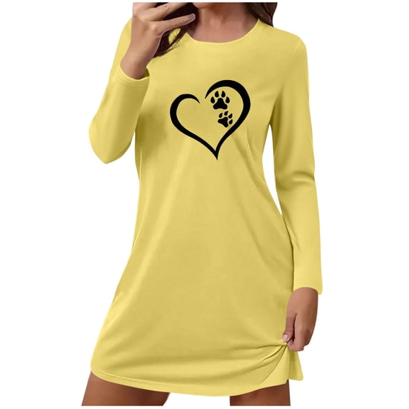 Womens Sleepshirts Straight Slim Shirts Pajamas Cute Heart Dog Paws Printed Long Sleeved Nightdress Round Neck Loose Comfortable Short Loungewear Soft Sleepwear