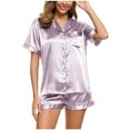 thumbnail image 1 of Womens Sleepwear New Silk Pajamas Set for Women Short Sleeve Sleepwear Soft Satin Button down Loungewear 2 Piece Pjs Shorts Set Women's Sleepwear Purple XXL New, 1 of 6
