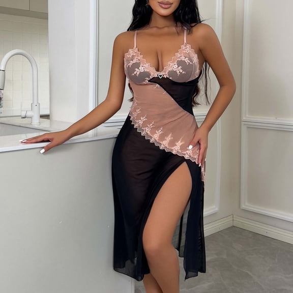 Womens Sleepwear Lace Mesh Patchwork Nightgown Chemises Sheer V Neck Side Split Long Sleep Dress with Panties Black L