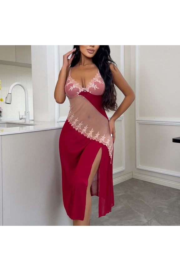 Womens Sleepwear Lace Mesh Patchwork Nightgown Chemises Sheer V Neck Side Split Long Sleep Dress with Panties Red XL