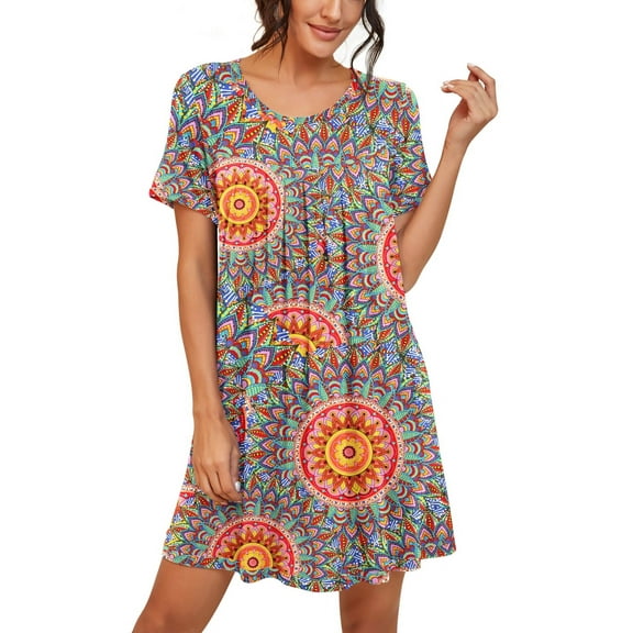 Womens Sleepwear Short Sleeve Nightgown Soft Sleepshirt Pleated Nightshirt Scoopneck Casual Loungewear