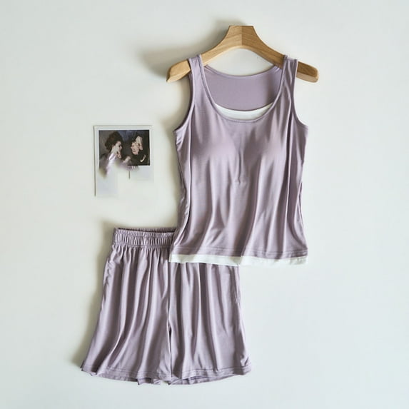 Womens Sleepwear Summer Solid Color Lightweight Pajamas Set Casual Crew Neck Sleeveless Sleepwear with Shorts Womens Summer Pajamas