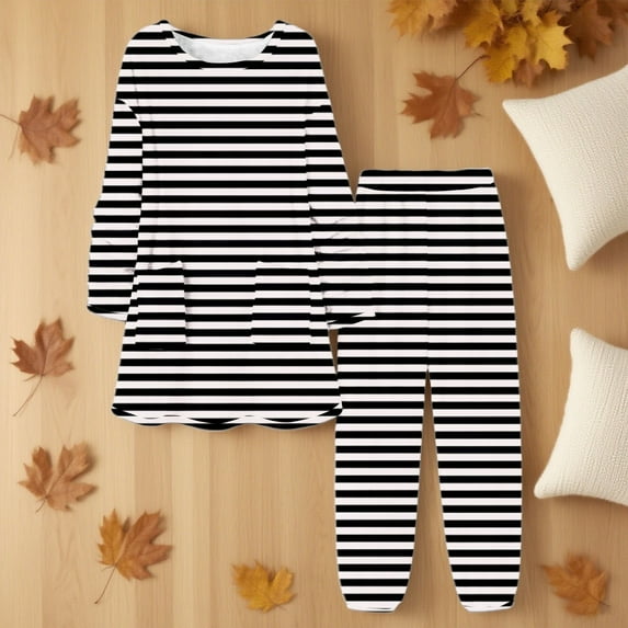 Womens Sleepwear Summer Striped Print Lightweight Pajama Sets with Pants Casual Crew Neck Long Sleeve Sleepwear Summer Pjs for Women
