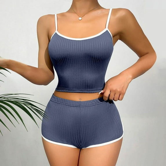 Womens Sleepwear Women's Pajama Sets Women’s Pajamas Fashion Women Round Neck Solid Color Sleeveless Camisole Elastic Waist Shorts Pajama Set