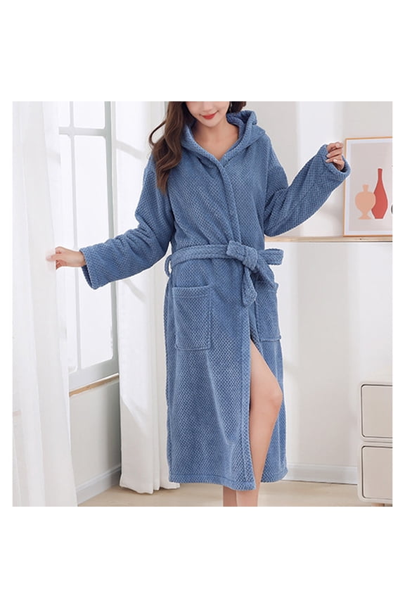 Womens Sleepwear , Women's Thickened Fleece Plaid Drying Absorbent Bandage Hooded Bathrobe Robes Style B-3 New Womens Housecoat Robe Blue One Size
