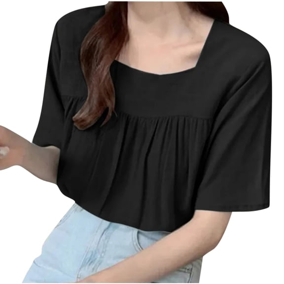 Womens Sleeve Tops Summer Trendy T Shirt Casual Loose Square Neck Button Blouse Tees,Womens Tops Flowy Summer Blouses Short Sleeve Shirts Pleated Dressy Tunic Tops