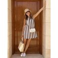 thumbnail image 1 of Womens Sleeveless A-Line Mini Dress In Coffee Brown Contrast Stripes, Round Neck, Zipper Back, Casual Summer Style, 1 of 7