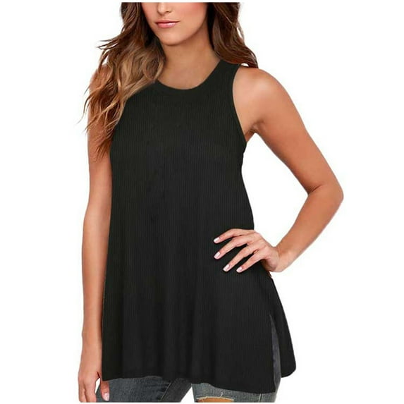 Womens Sleeveless Active Tank Tops O Neck Ruffle Loose Tunic Blouse Long Solid Color Shirt Black,M
