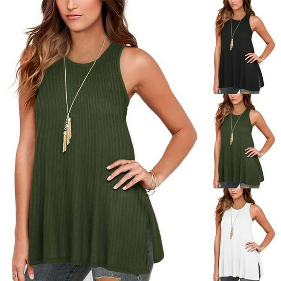 Womens Sleeveless Active Tank Tops O Neck Ruffle Loose Tunic Blouse Long Solid Color Shirt Green,XXL