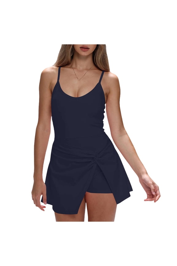 Womens Sleeveless Athletic Dress Scoop Neck Wrap Skirt Mini Dress Built in Shorts Yoga Golf Dress Workout Romper Skort
