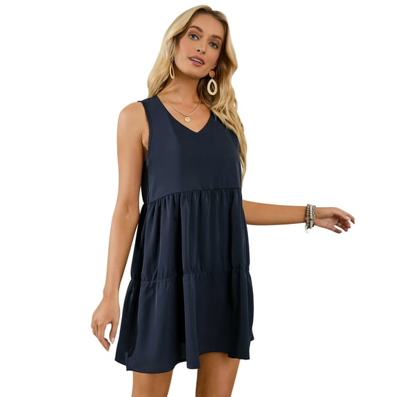 Womens Sleeveless Beach Swing Dress Casual V Neck Pleated Sundress Summer Tank Dresses, Navy Blue, XL